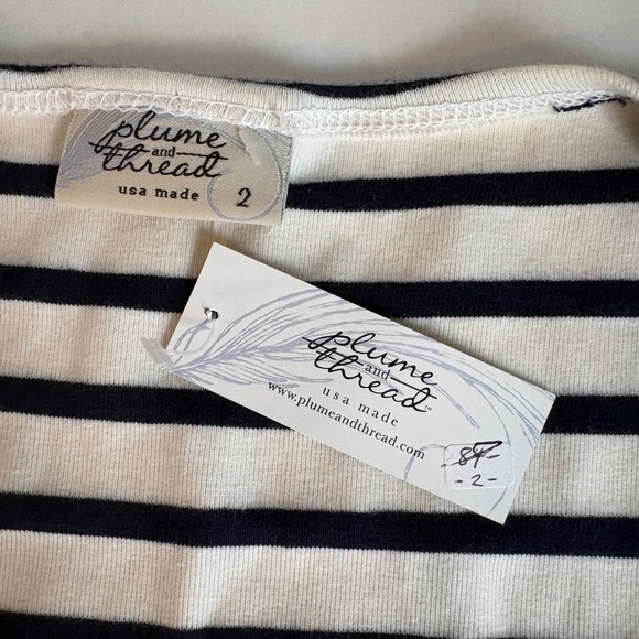 Plume and Thread Womens Sz 2 Medium Dress Cream Navy Blue Striped Made USA NEW - Picture 5 of 8